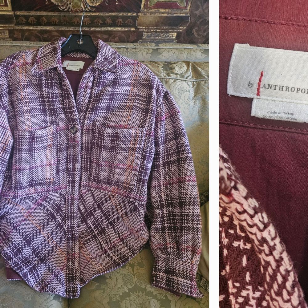 NWOT Anthropologie Hudson Plaid Shacket Shirt Jacket Pink/Maroon